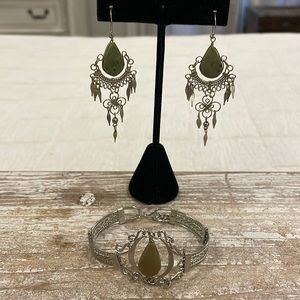 Vintage Antique Silver Tone Green Dangle Drop Cuff Bracelet and Earrings Set